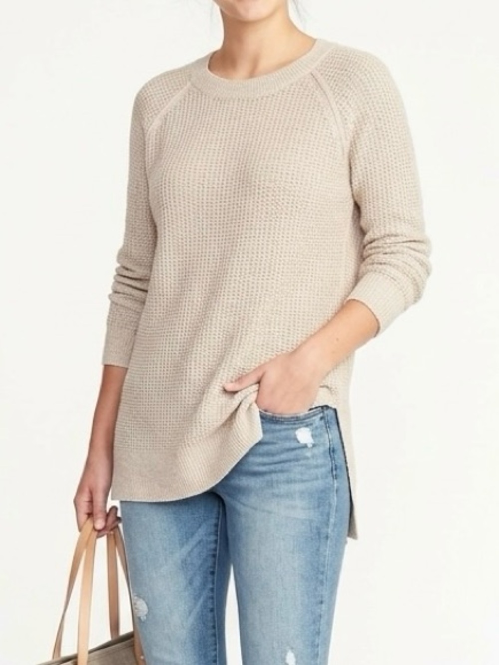 Old Navy SoSoft Beige Waffle Knit Tunic Sweater M Crew Neck Cozy Knit Casual